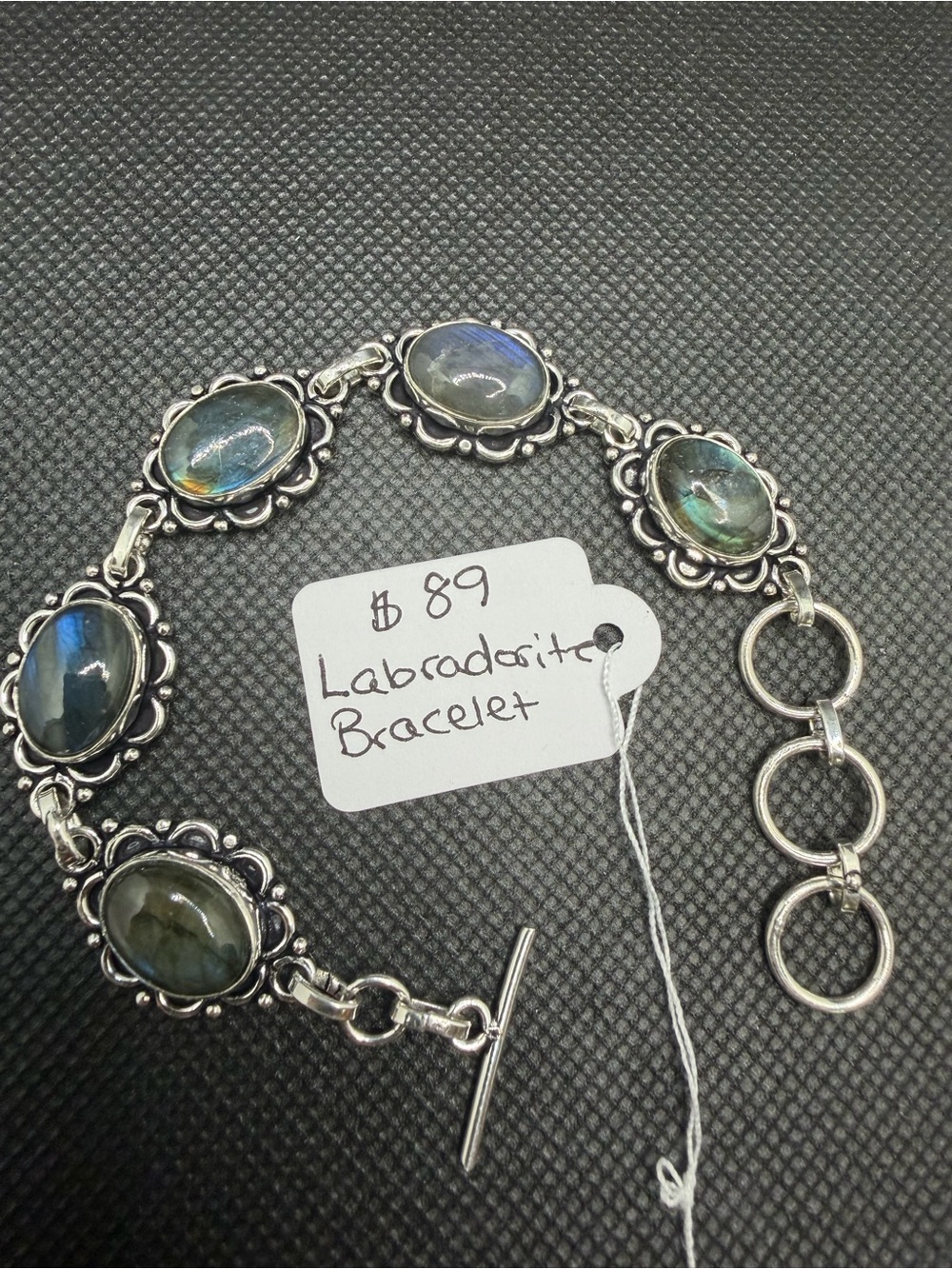 925 Silver Labradorite Link Bracelet - Gray Blue Stones 6.5”-8”